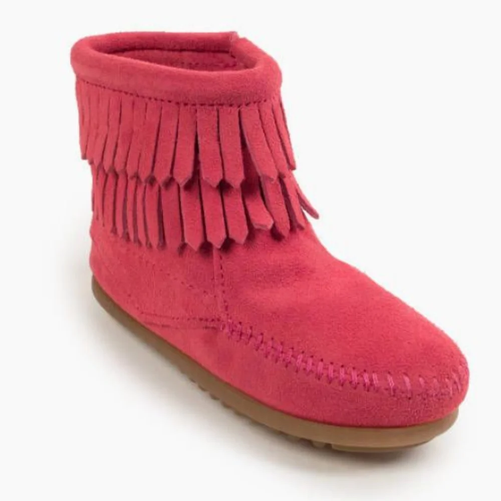 Minnetonka double fringe side zip hard sole boot size 2